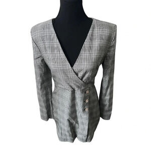 Zara | Grey  Plaid Structured Zara Dress with Gold/Jeweled Buttons | Size M